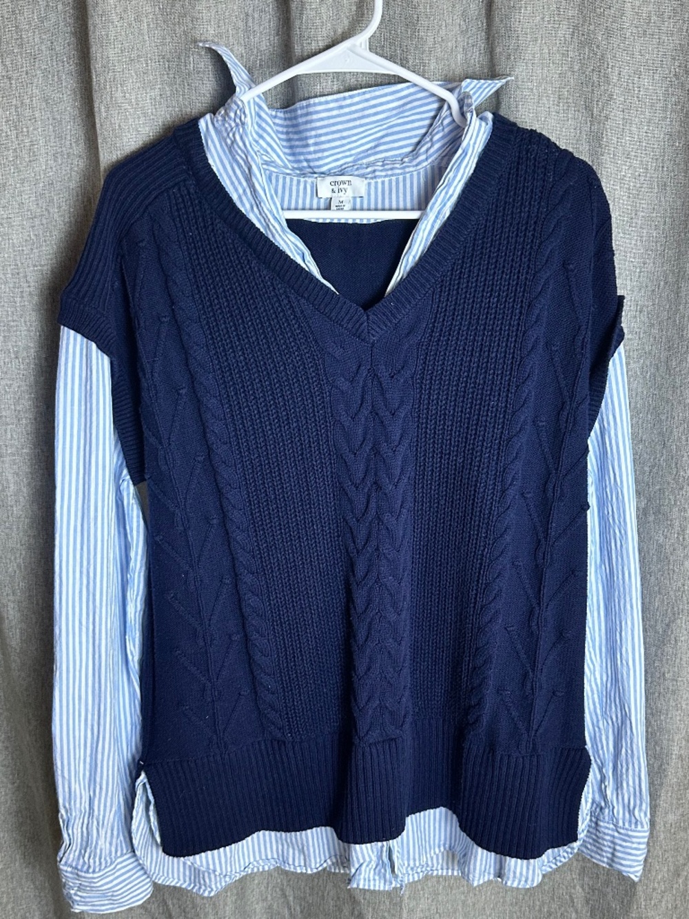 Crown & Ivy Mixed Media Sweater Top Navy Cable Knit Striped Shirt - Size M
